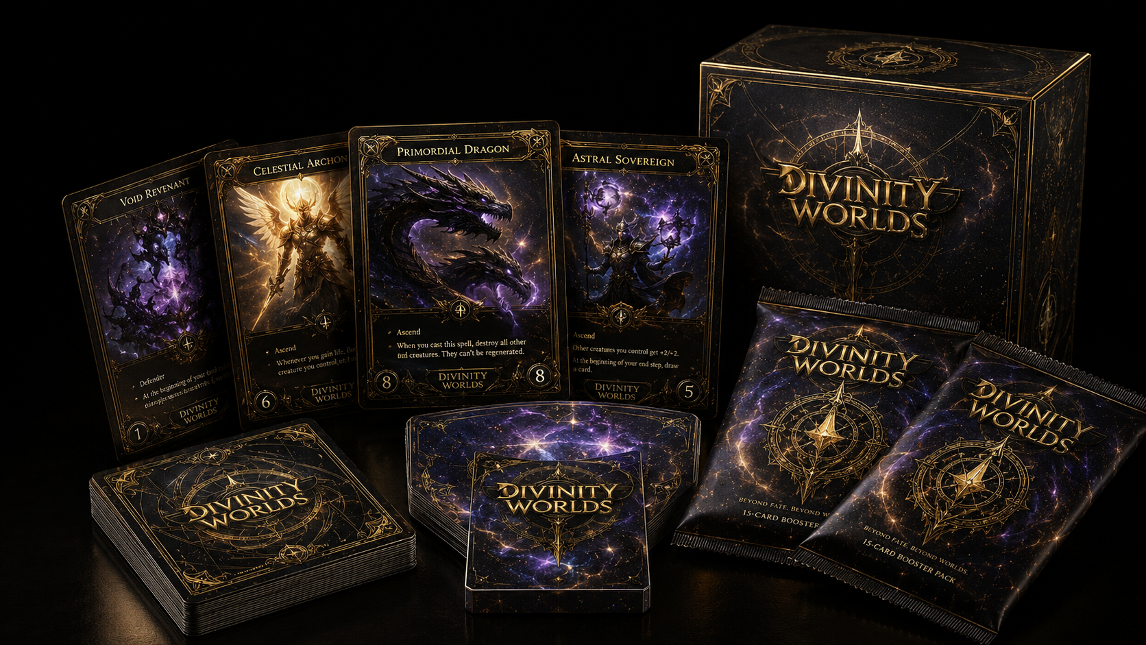 Divinity Worlds trading card game — cards, booster packs and collector's box